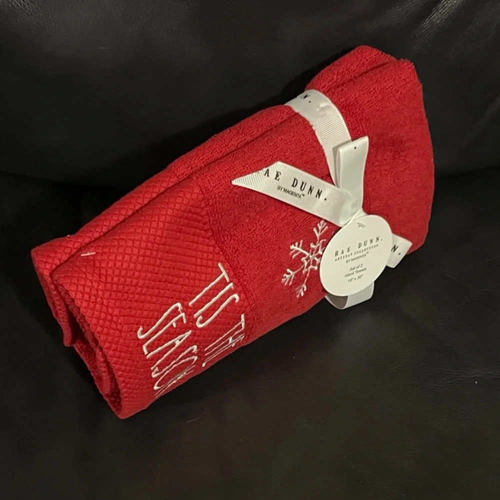 Rae Dunn Red Hand Towels with Snowflake Design